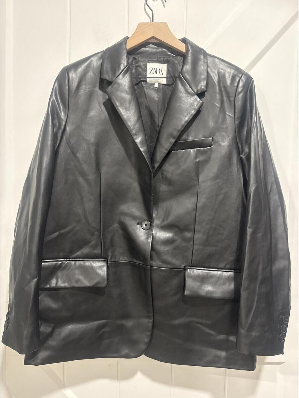 ZARA Black Faux Leather Oversized Blazer Jacket XL